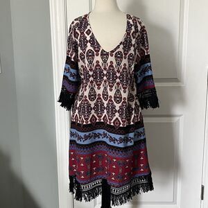 UMGEE Women's Boho Paisley Tunic Dress Black Fringe Med Color Block